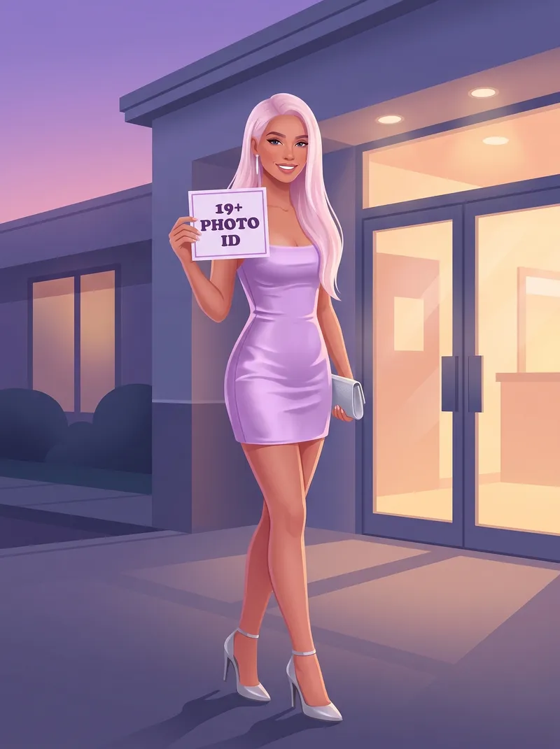 Illustration of the same character outside the glass doors of a low modern building at dusk, holding a small card that reads 19+ Photo ID.
