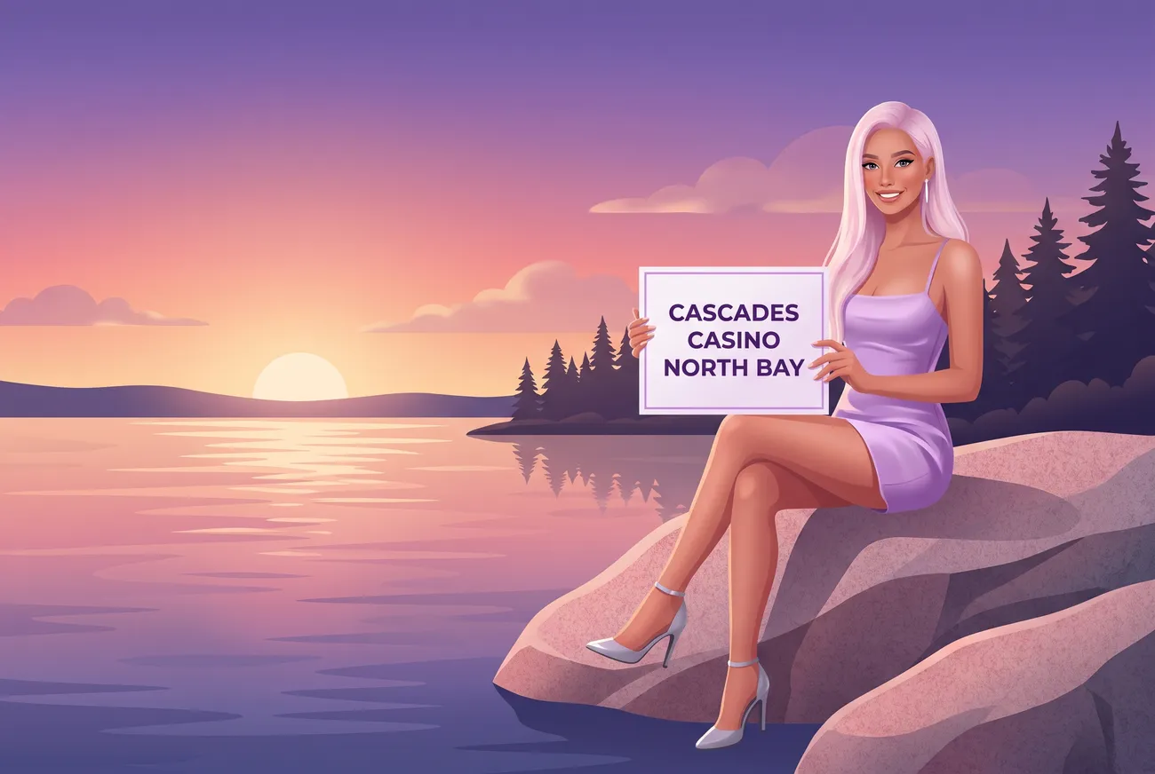Illustration of a character created for this guide: a young woman with long platinum-pink hair in a lilac satin mini dress sits on a pink granite rock by a wide lake at sunset, holding a white card that reads Cascades Casino North Bay.